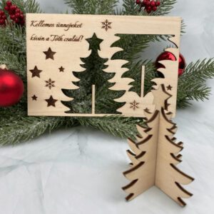 Karácsonyi fa képeslap egyedi felirattal, kivehető karácsonyfa dísszel
